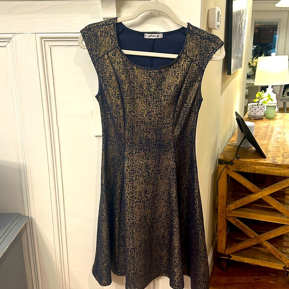 Women’s Aiden Y size medium midnight blue and gold cocktail dress.
